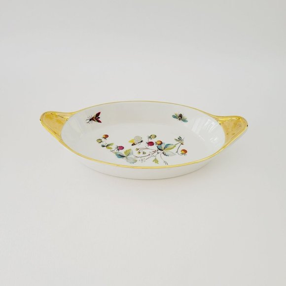 Royal Worcester Strawberry Fair Gold Trim Oval Baking Dish Size 10 Butterflies - Picture 1 of 13
